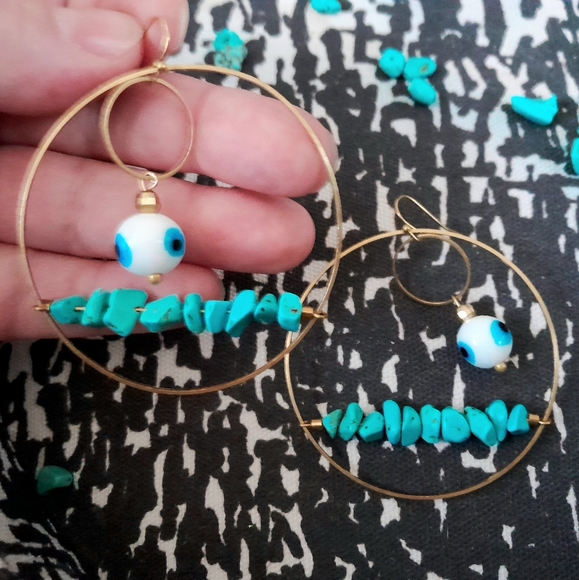 XXL Turqoise Evil Eye Statement Earrings- Handmade - Picture 2 of 3